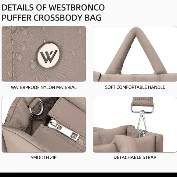 NWT WESTBRONCO BROWN TAN bubble Puffer Tote bag purse Quilted Crossbody - Picture 4 of 10